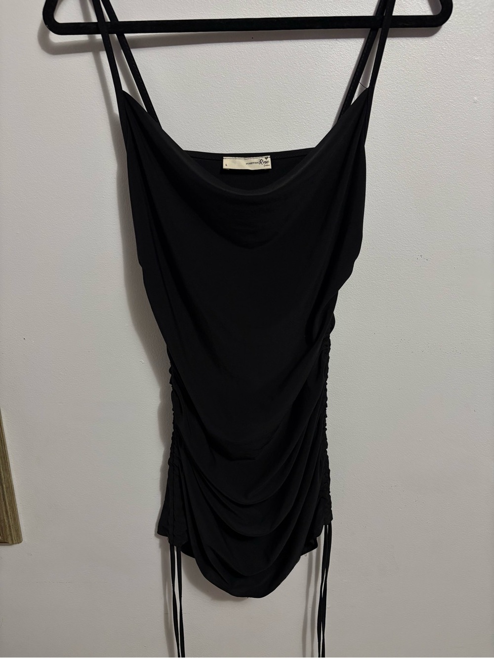 Black Draped Cowl Neck Ruched Mini Dress